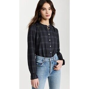 Faherty Women XL Harper Top Black Plaid Organic Cotton Button Front Relaxed